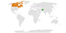 Map indicating locations of Afghanistan and Canada