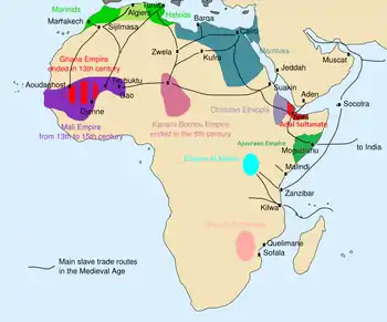 The main slave trade routes in Africa during the Middle Ages.