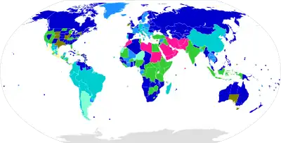 Map of the world's countries, with countries colored by age of consent