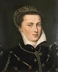 Portrait of a young woman: She is very composed, discreetly dressed with a jeweled cap, white collar trimmed in lace, and richly embroidered dress.