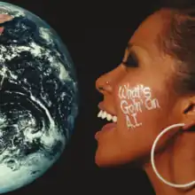 To the left of the cover is half of the world seen from space, while on the right side is a close-up of Ai's face. She is smiling, eves closed, and wearing large bangle earrings. Written on her cheek in white is "What's Goin On A.I."