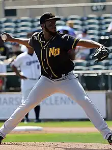 Akeel Morris pitching for the New Britain Bees of the Atlantic League on September 22, 2019.  TD Bank Park, Bridgewater, NJ.