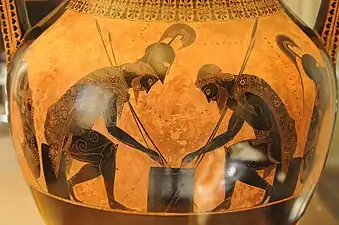 Greek black-figure pottery. Ajax and Achilles playing a game, about 540–530 BC. (Vatican Museums).