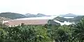 The Akosombo hydroelectric dam spilling water from the spillway.