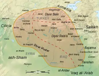 Geophysical map with regions and major cities, al-Jazira is highlighted in red