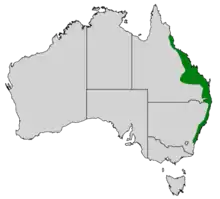 Map of Australia showing highlighted range covering eastern Queensland and New South Wales