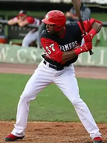 Alejandro De Aza batting for the Lancaster Barnstormers on July 10, 2021