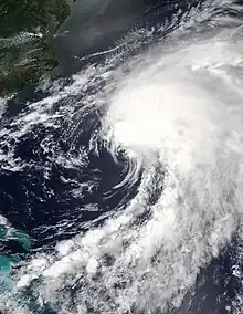 A satellite image of Tropical Storm Alex at its peak intensity on June 5, 2022.