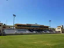 Alex G. Spanos Stadium press box and skyboxes, pictured prior to the renovation of the field surface