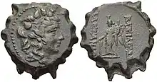  Coin of Alexander II. On the obverse, the bust of the god Dionysus surrounded by ivy leaves is shown. On the reverse the statue of a standing winged Tyche is depicted