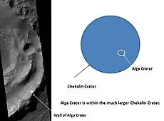 Alga Crater, as seen by HiRISE.  Click on image to see the relationship between Alga Crater and the larger Chekalin Crater.