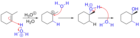 Hydration reaction mechanism from 1-methylcyclohexene to 1-methylcyclohexanol.