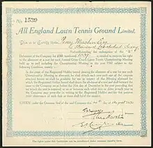 Image 14Debenture of the All England Lawn Tennis Ground Ltd., issued 20. August 1930. (from Wimbledon Championships)