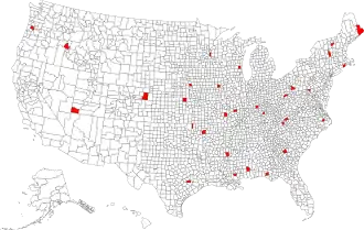 Map of the United States with counties named Washington in red