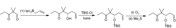 An allyl-α-pineneborate allylates 2,2‑dimethyl-3‑oxopentenal to (5S)-5‑hydroxy-4,4‑dimethyloct-7‑en-3‑one; the alcohol is then protected with tert-butyldimethylsilyl chloride, and the terminal olefin cleaved in reductive ozonolysis with dimethyl sulfide.