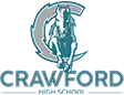 A cyan and gold image of a cartoon horse leaping through a C-shaped lightning bolt with the words "CRAWFORD HIGH SCHOOL" below