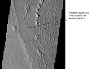 Ridges on side of Arsia Mons, a large volcano, may be moraines dropped by glacial activity.