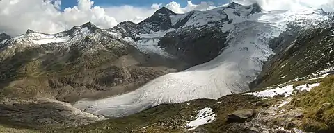 Panorama of the Venediger group from the Alte Prager Hütte, a mountain hut