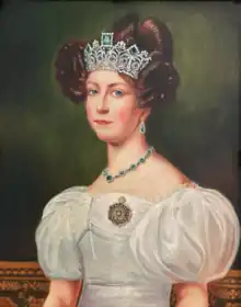 Empress Amélie of Brazil, granddaughter of Empress Joséphine, wearing an emerald tiara, earrings and necklace