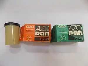 Packaging of black and white panchromatic negative films (cardboard and plastic boxes), Azopan PS-18 and PS-21 with 36 frames