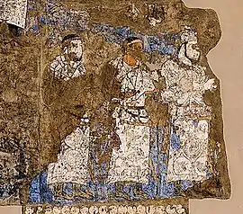 Ambassadors from Chaganian (central figure, inscription of the neck), and Chach (modern Tashkent) to king Varkhuman of Samarkand. 648-651 CE, Afrasiyab murals, Samarkand.