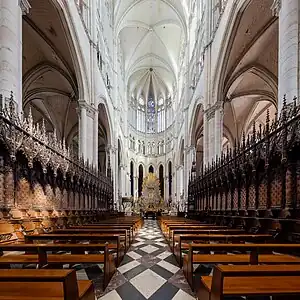 The choir and choir stalls, facing east to the apse