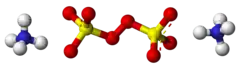 Ball-and-stick models of two ammonium cations and one peroxydisulfate anion