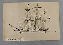 A drawing of a sailing ship with another in the distance. A label written on the drawing reads "Anchor Ship".