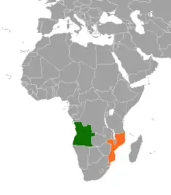 Map indicating locations of Angola and Mozambique