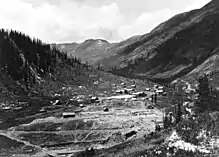 View down main street of Animas Forks in the Animas River Valley.