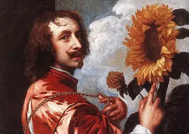 Van Dyck with sunflower, representing his patronage by Charles I, whose medal he holds up to the flower.  Or is Van Dyck the sun the flower turns to? 1633 or later.