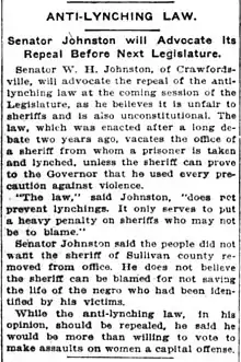 Newspaper clipping reporting Indiana Senator Johnston's support for a repeal of the Anti-Lynching law in 1902.