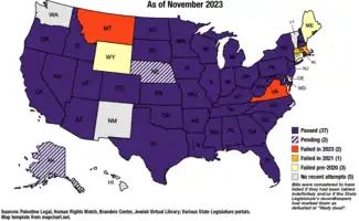 Map of the United States, with each state shaded by a color representing the status of "anti-BDS" legislation in that state. 37 states are marked purple, indicating anti-BDS legislation has passed. Nebraska and Alaska have purple and white stripes, indicating that anti-BDS legislation is currently pending. Virginia and Montana are orange, indicating anti-BDS legislation was proposed but failed in 2023. Massachusetts is yellow, indicating anti-BDS legislation failed in 2021. Maine, Connecticut, and Wyoming are pale yellow, indicating anti-BDS legislation was proposed but failed to pass prior to 2020. Hawai'i, Washington, New Mexico, Delaware, and Vermont are gray, indicating that no anti-BDSs laws have been passed and none have made it to the floor of their state legislatures in recent years.