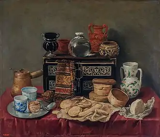 Furniture, delftware, maiolica, and ceramics.Still Life with an Ebony Chest by Antonio de Pereda; c. 1652, 80 × 94 cm, Hermitage Museum.