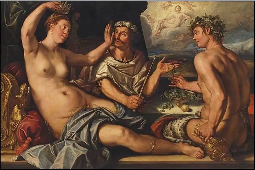 Bacchus is handling the king a goblet, but at the very same moment the king is being slapped on the cheek by his concubine Apame, who has taken off his crown and is placing it on her own head in illustration of 3 Esdras 4:29.