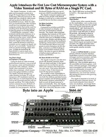 A 1976 advert for the Apple I computer, titled "Apple Introduces the First Low Cost Microcomputer System with a Video Terminal and 8K Bytes of RAM on a Single PC Card".