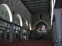 Interior of the Al Aqsa mosque, central isle, looking south towards the Mihrab.