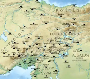 Geophysical map of eastern Anatolia and northern Syria, showing the main fortresses during the Arab–Byzantine frontier wars