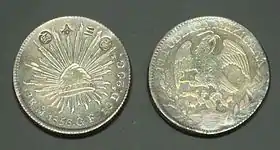 A Mexican dollar used as currency in Japan, marked with "Aratame sanbu sadame" (Fixed to the value of three bu) (改三分定) from 1859.