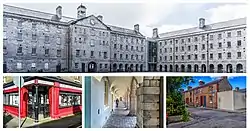 Clockwise from top: National Museum of Ireland at Collins Barracks; Arbour Hill terraced housing; the cloisters at Collins Barracks; an independent publishing house and bookshop