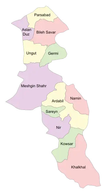 Location of Namin County in Ardabil province (center, pink)