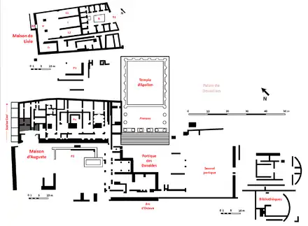 Diagram of the area around the Temple of Apollo, showing the House of Augustus and the Portico of the Danaids (here immediately below the temple's steps)