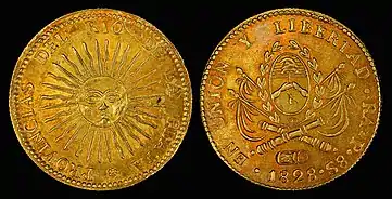 Coat of Arms of the General Constituent Assembly of Argentina depicted on the eight escudo gold coin.