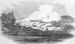 Black and white drawing show gunboats in a river and a fort in the background.