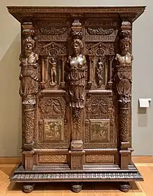 Henry II style wardrobe; c. 1580; walnut and oak, partially gilded and painted; height: 2.06 m, width: 1.50 m, depth: 0.60 m