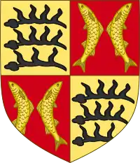 Quartered — I and IV: Or, three stag's antlers sable; II and III: gules, two fishes Or addorsed