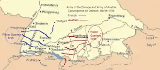 Map showing winter quarters of French and Austrian armies, and their convergence on the town of Ostrach in March 1799