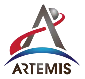 An arrowhead combined with a depiction of a trans-lunar injection trajectory forms an "A", with an "Artemis" wordmark printed underneath