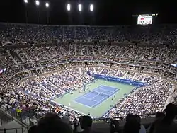 Photograph of Arthur Ashe tennis stadium, where the 2020 US Open finals took place.