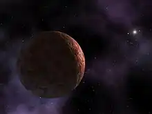 Sedna is a spherical shape at lower left with a crescent glow from the distant Sun at upper right